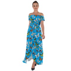 Butterflies Off Shoulder Open Front Chiffon Dress by nateshop