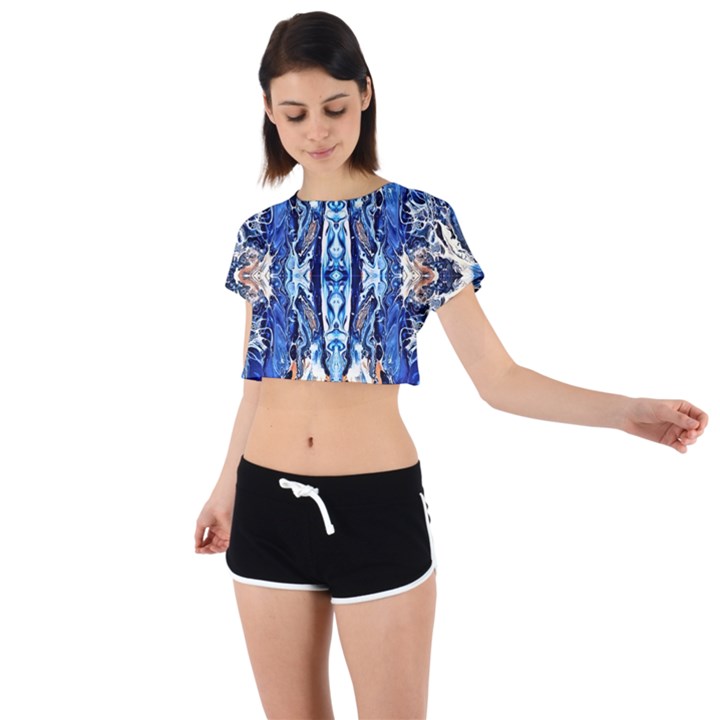 Cobalt on gold symmetry Tie Back Short Sleeve Crop Tee