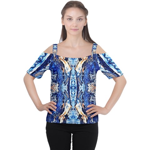 Cobalt On Gold Symmetry Cutout Shoulder Tee by kaleidomarblingart