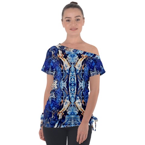 Cobalt On Gold Symmetry Off Shoulder Tie-up Tee by kaleidomarblingart