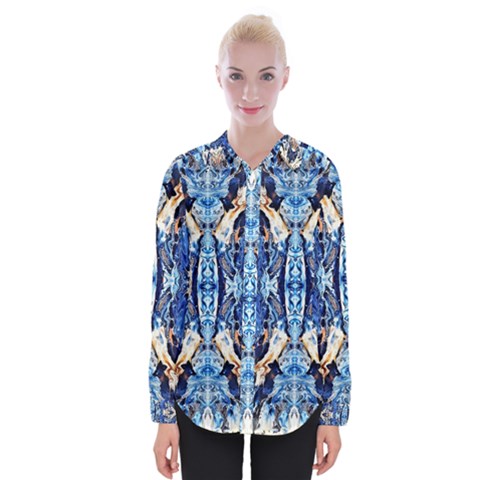 Cobalt On Gold Symmetry Womens Long Sleeve Shirt by kaleidomarblingart