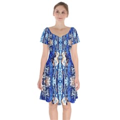 Cobalt On Gold Symmetry Short Sleeve Bardot Dress