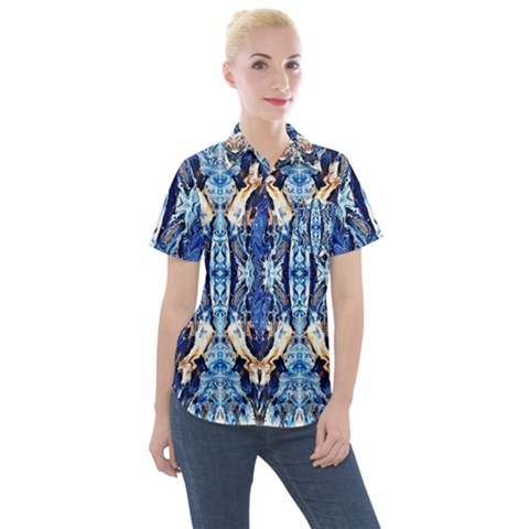 Cobalt On Gold Symmetry Women s Short Sleeve Pocket Shirt by kaleidomarblingart