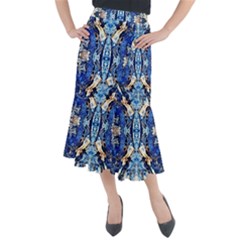 Cobalt On Gold Symmetry Midi Mermaid Skirt by kaleidomarblingart