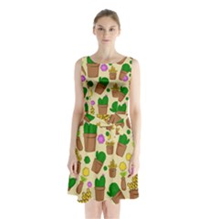 Cactus Sleeveless Waist Tie Chiffon Dress by nateshop