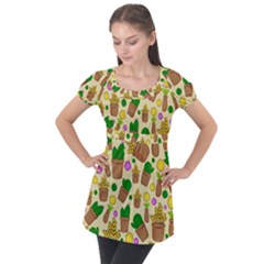 Cactus Puff Sleeve Tunic Top by nateshop