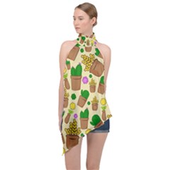 Cactus Halter Asymmetric Satin Top by nateshop