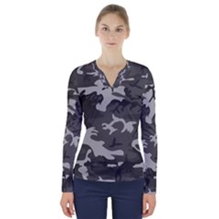 Camouflage V-neck Long Sleeve Top by nateshop