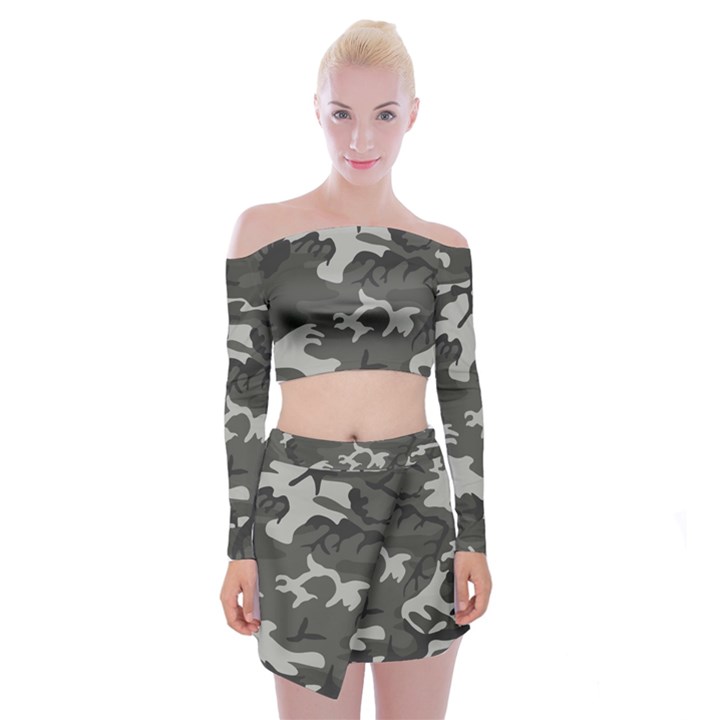 Camouflage Off Shoulder Top with Mini Skirt Set