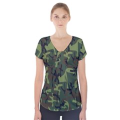 Camouflage-1 Short Sleeve Front Detail Top by nateshop