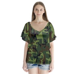 Camouflage-1 V-neck Flutter Sleeve Top by nateshop