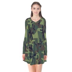 Camouflage-1 Long Sleeve V-neck Flare Dress by nateshop