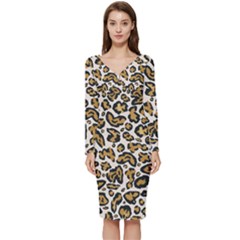 Cheetah Long Sleeve V-neck Bodycon Dress  by nateshop