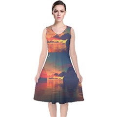 Digital Art Artwork Fantasy Landscape Sky Nature V-Neck Midi Sleeveless Dress 