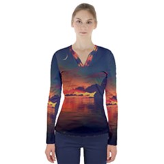 Digital Art Artwork Fantasy Landscape Sky Nature V-Neck Long Sleeve Top