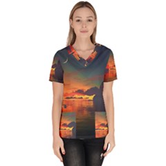 Digital Art Artwork Fantasy Landscape Sky Nature Women s V-Neck Scrub Top