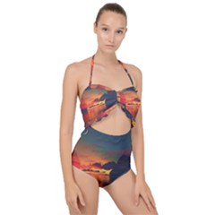 Digital Art Artwork Fantasy Landscape Sky Nature Scallop Top Cut Out Swimsuit