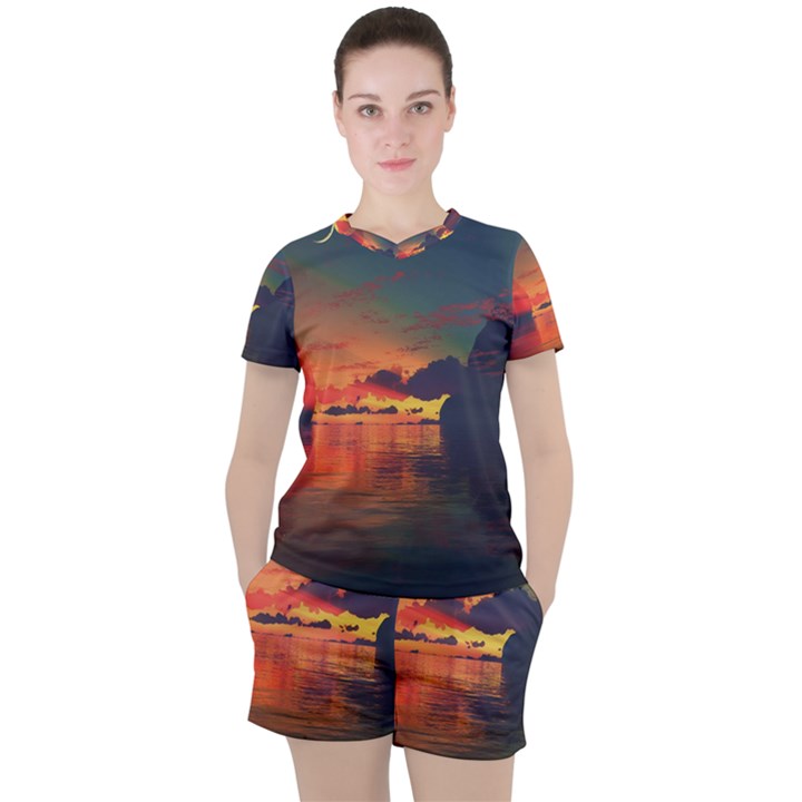 Digital Art Artwork Fantasy Landscape Sky Nature Women s Tee and Shorts Set