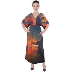 Digital Art Artwork Fantasy Landscape Sky Nature V-Neck Boho Style Maxi Dress