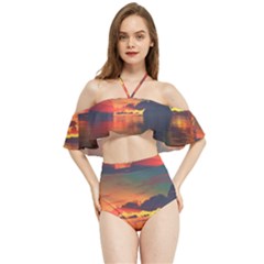 Digital Art Artwork Fantasy Landscape Sky Nature Halter Flowy Bikini Set 