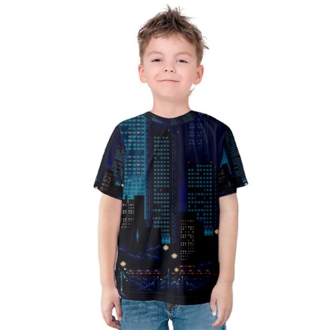 City Building Pixel Art Vaporwave Kids  Cotton Tee by danenraven