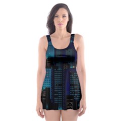 City Building Pixel Art Vaporwave Skater Dress Swimsuit by danenraven