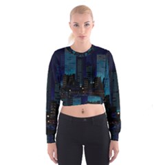 City Building Pixel Art Vaporwave Cropped Sweatshirt by danenraven