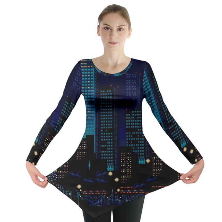 City Building Pixel Art Vaporwave Long Sleeve Tunic 