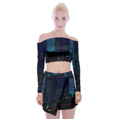 City Building Pixel Art Vaporwave Off Shoulder Top With Mini Skirt Set by danenraven