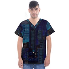 City Building Pixel Art Vaporwave Men s V-neck Scrub Top