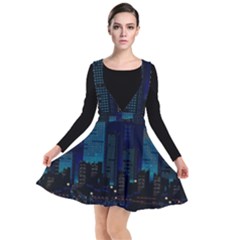 City Building Pixel Art Vaporwave Plunge Pinafore Dress by danenraven