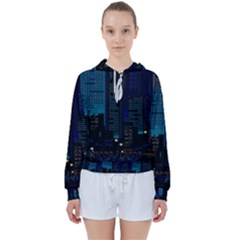 City Building Pixel Art Vaporwave Women s Tie Up Sweat