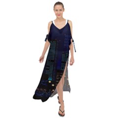 City Building Pixel Art Vaporwave Maxi Chiffon Cover Up Dress by danenraven