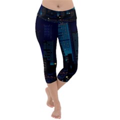 City Building Pixel Art Vaporwave Lightweight Velour Capri Yoga Leggings by danenraven