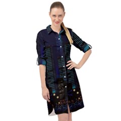 City Building Pixel Art Vaporwave Long Sleeve Mini Shirt Dress by danenraven