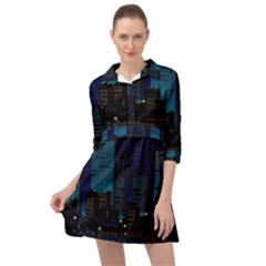 City Building Pixel Art Vaporwave Mini Skater Shirt Dress by danenraven