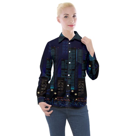 City Building Pixel Art Vaporwave Women s Long Sleeve Pocket Shirt by danenraven