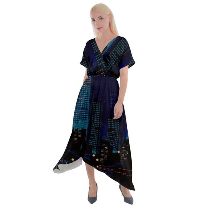 City Building Pixel Art Vaporwave Cross Front Sharkbite Hem Maxi Dress