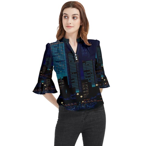 City Building Pixel Art Vaporwave Loose Horn Sleeve Chiffon Blouse by danenraven