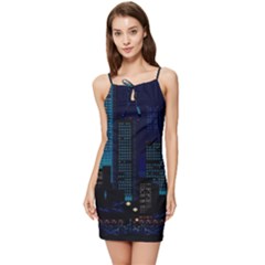 City Building Pixel Art Vaporwave Summer Tie Front Dress by danenraven