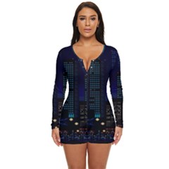 City Building Pixel Art Vaporwave Long Sleeve Boyleg Swimsuit by danenraven