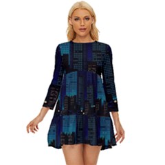 City Building Pixel Art Vaporwave Long Sleeve Babydoll Dress by danenraven