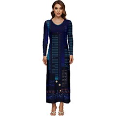 City Building Pixel Art Vaporwave Long Sleeve Velour Longline Maxi Dress by danenraven