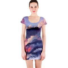 Cherry Blossom Tree On Cliff Digital Wallpaper Cherry Blossom On Cliff Mountain Nature Short Sleeve Bodycon Dress by danenraven