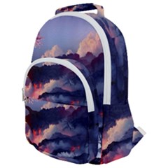 Cherry Blossom Tree On Cliff Digital Wallpaper Cherry Blossom On Cliff Mountain Nature Rounded Multi Pocket Backpack by danenraven