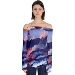 Cherry Blossom Tree On Cliff Digital Wallpaper Cherry Blossom On Cliff Mountain Nature Off Shoulder Long Sleeve Top by danenraven