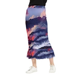 Cherry Blossom Tree On Cliff Digital Wallpaper Cherry Blossom On Cliff Mountain Nature Maxi Fishtail Chiffon Skirt by danenraven