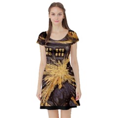 Brown And Black Abstract Painting Doctor Who Tardis Vincent Van Gogh Short Sleeve Skater Dress by danenraven