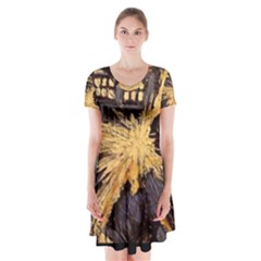 Brown And Black Abstract Painting Doctor Who Tardis Vincent Van Gogh Short Sleeve V-neck Flare Dress by danenraven