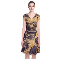 Brown And Black Abstract Painting Doctor Who Tardis Vincent Van Gogh Short Sleeve Front Wrap Dress by danenraven